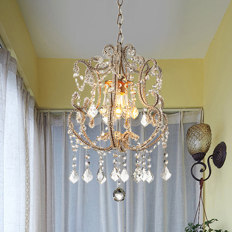 Gold Finish 1 Light Suspension Light Traditional Crystal Beads Scroll Arm Ceiling Pendant Lamp