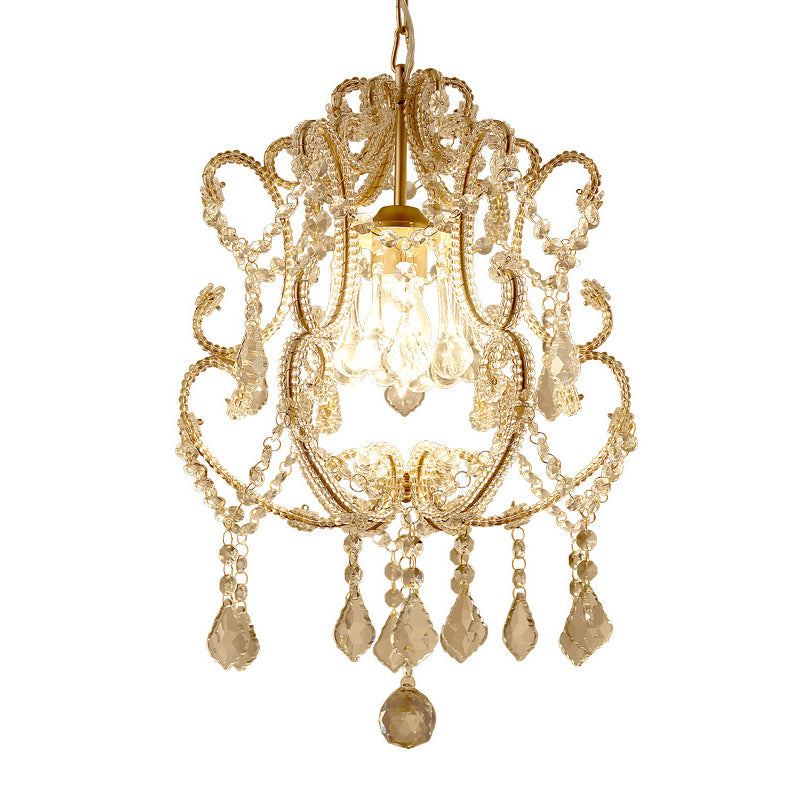 Gold Finish 1 Light Suspension Light Traditional Crystal Beads Scroll Arm Ceiling Pendant Lamp