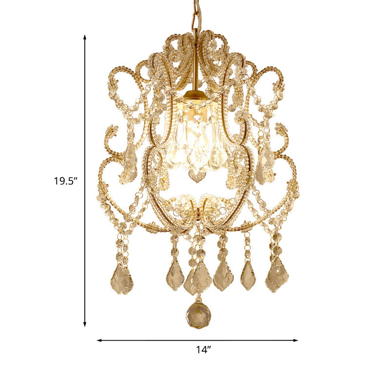 Gold Finish 1 Light Suspension Light Traditional Crystal Beads Scroll Arm Ceiling Pendant Lamp