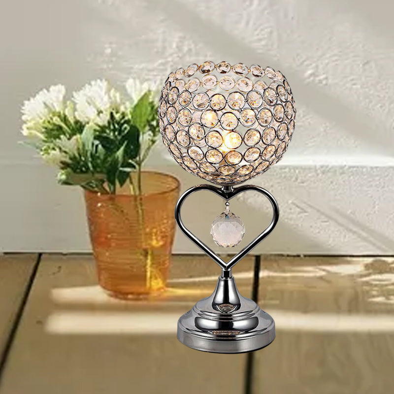 Chrome Domed Night Lamp Modernist 1-Light Crystal Encrusted Table Light with Loving Heart Detail