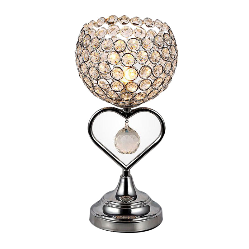 Chrome Domed Night Lamp Modernist 1-Light Crystal Encrusted Table Light with Loving Heart Detail