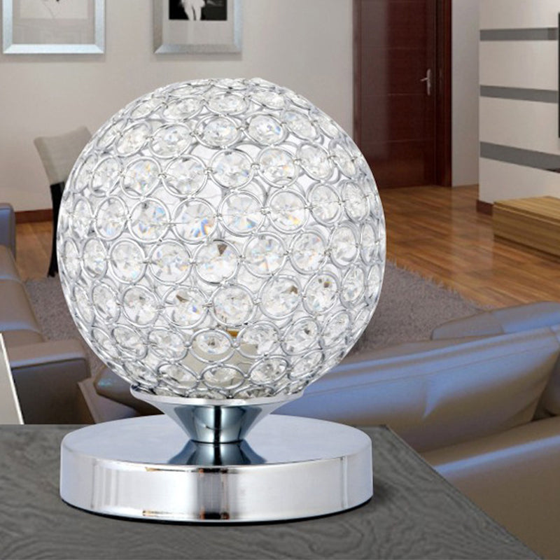 Globe Bedroom Desk Light Crystal-Encrusted 1 Head Simple Nightstand Lamp in Chrome Finish