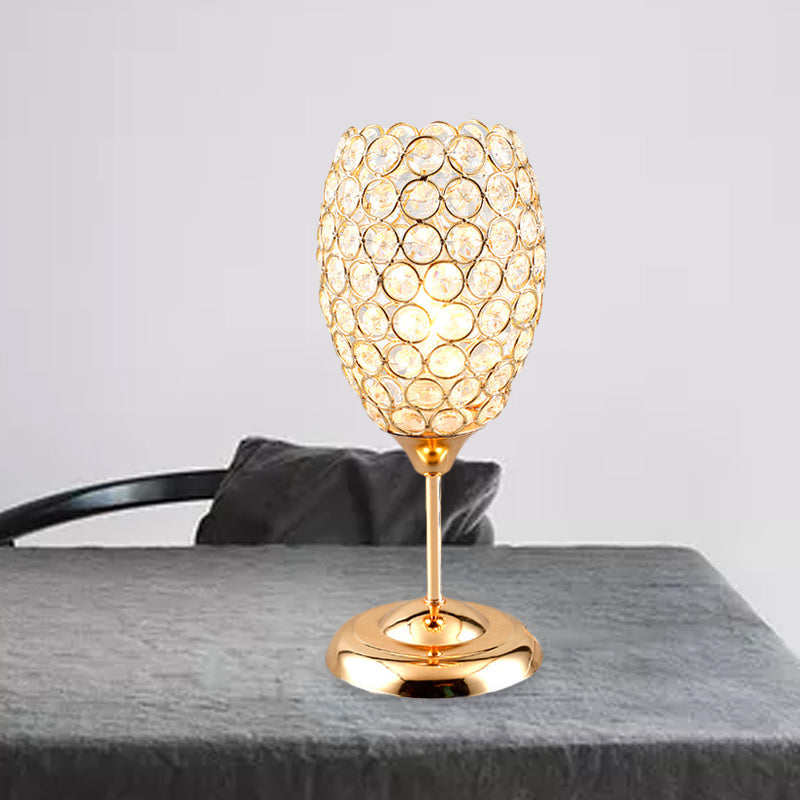 Modernist Cup Shaped Night Table Light Crystal Encrusted 1 Light Bedside Desk Lamp in Gold