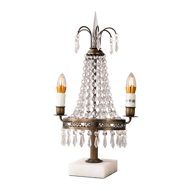 Bronze 2 Heads Nightstand Light Vintage Style Crystal Swag Candelabra Table Lamp for Restaurant