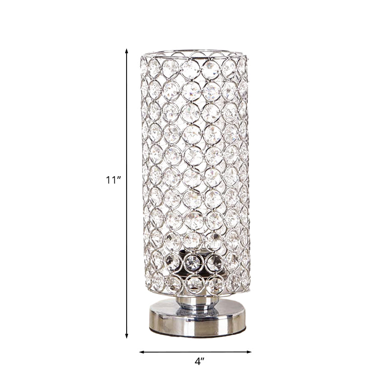 1 Light Bedroom Desk Light Minimalist Chrome Finish Table Lamp with Cylindrical Crystal-Encrusted Shade