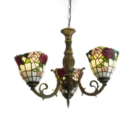 Tiffany Style Chandelier Living Room Lamp, 3 Lights Art Glass Pendant Lighting in Aged Brass with Bell Shade