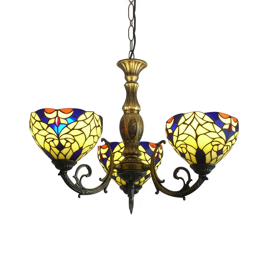 Tiffany Style Chandelier Living Room Lamp, 3 Lights Art Glass Pendant Lighting in Aged Brass with Bell Shade