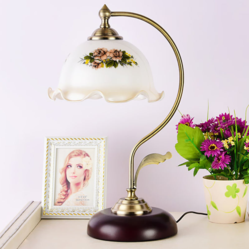 Retro Dome Pleated Night Light Single Bulb Frosted Glass Desk Lamp with Floral Pattern in Gold