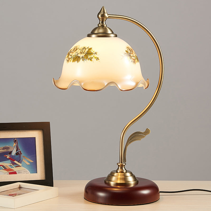 Retro Dome Pleated Night Light Single Bulb Frosted Glass Desk Lamp with Floral Pattern in Gold