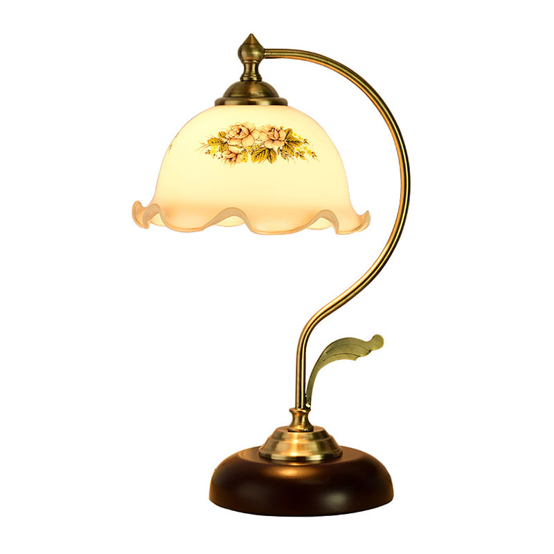 Retro Dome Pleated Night Light Single Bulb Frosted Glass Desk Lamp with Floral Pattern in Gold