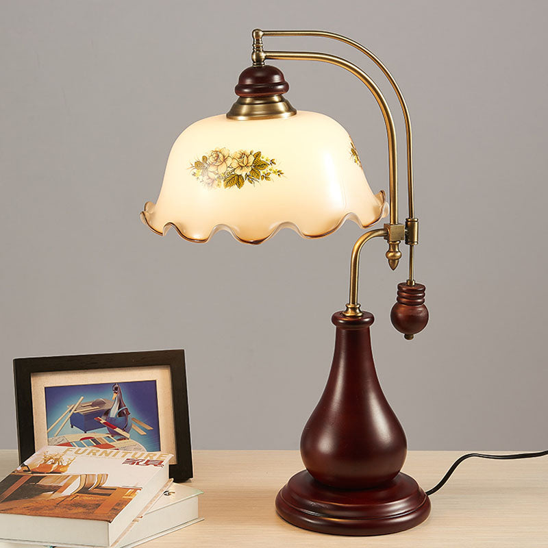 Semi-Sphere Glossy Glass Pleated Desk Light Retro 1 Bulb Bedroom Reading Lamp with Vase Design in Brown