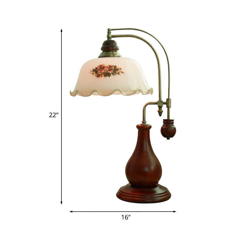 Semi-Sphere Glossy Glass Pleated Desk Light Retro 1 Bulb Bedroom Reading Lamp with Vase Design in Brown