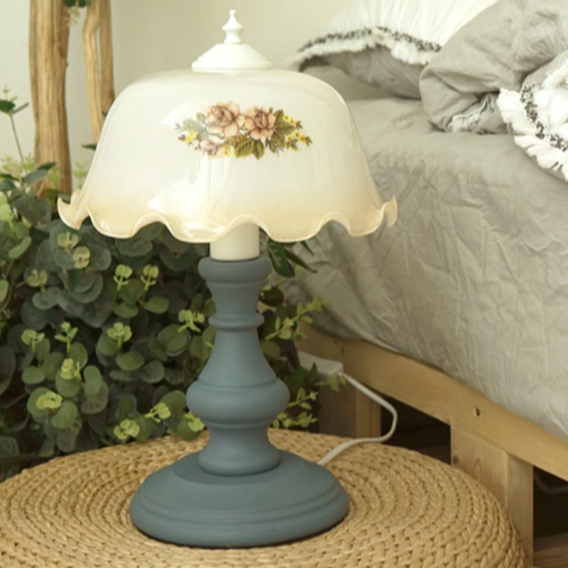 Blue 1 Head Floral Nightstand Lamp Minimalism Opal Glass Dome Table Lighting with Baluster Base