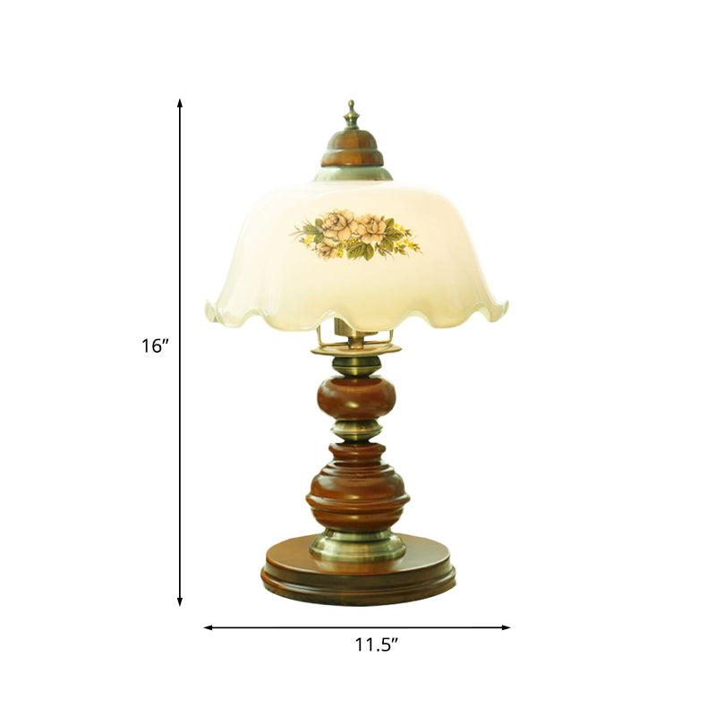 Opal Glass Brown Scalloped Table Lighting Dome 1-Bulb Classic Reading Book Light with Baluster Design