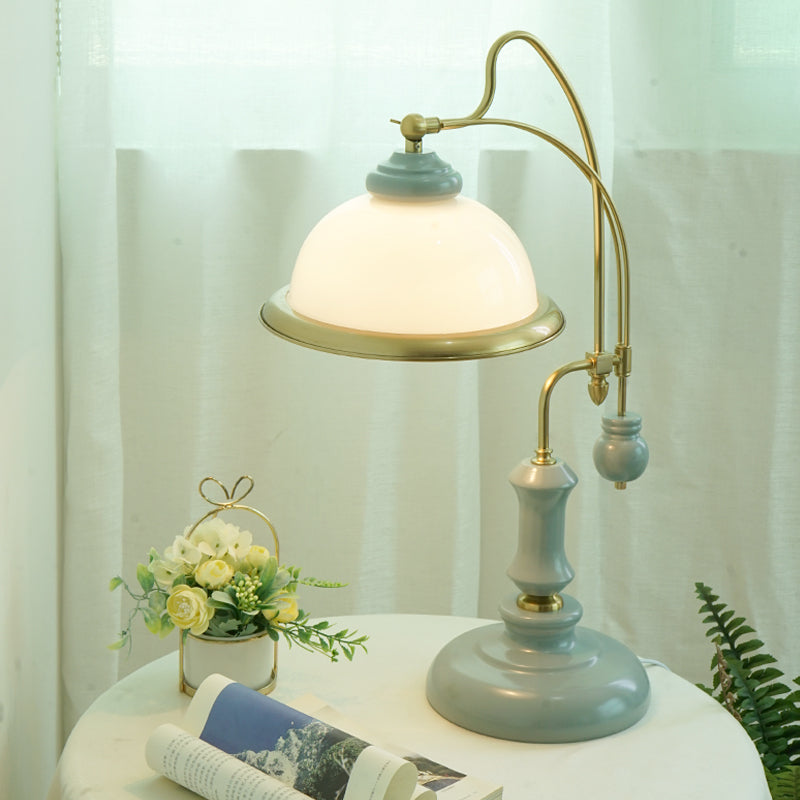 Vintage Bowl Reading Lamp 1-Light Frosted Glass Nightstand Lighting with Curved Arm in Blue