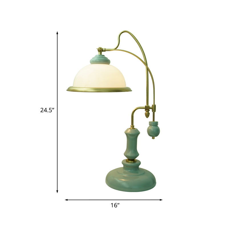 Vintage Bowl Reading Lamp 1-Light Frosted Glass Nightstand Lighting with Curved Arm in Blue