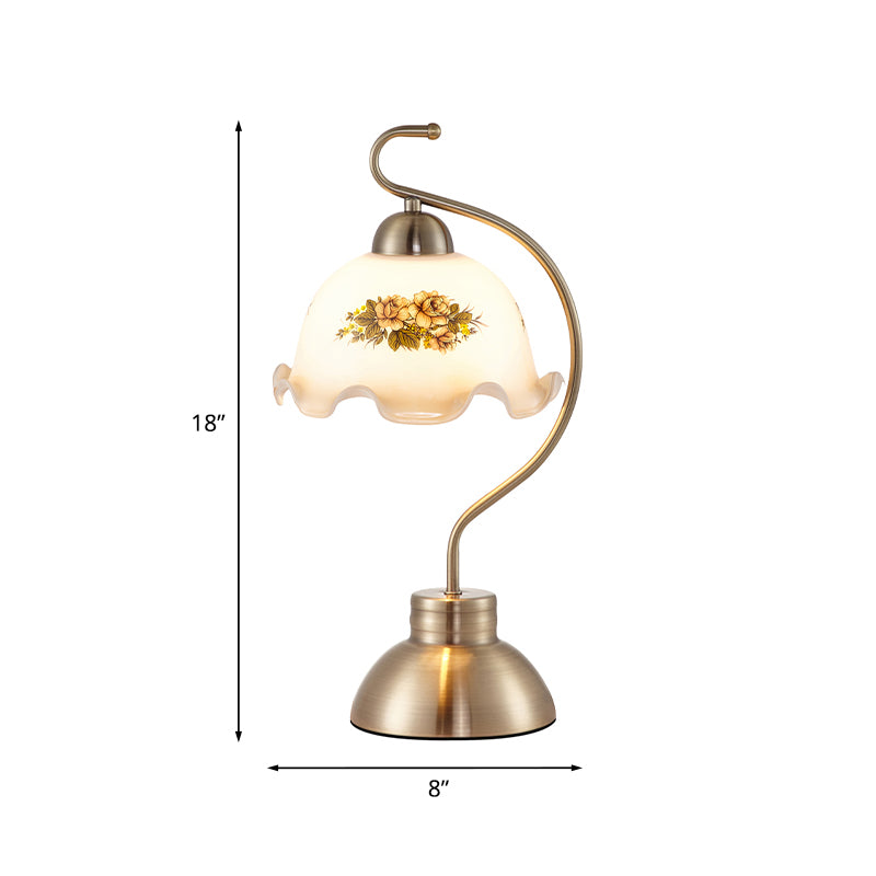 1-Head Bowl-Like Night Light Traditional Brushed Brass Milky Glass Scalloped Table Lamp for Study Room