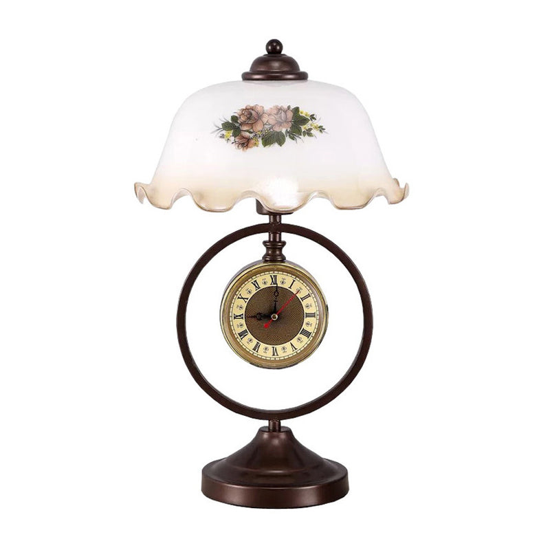 Rust 1 Head Pleated Table Light Vintage Opaline Glass Dome Reading Book Lamp with Ring and Clock