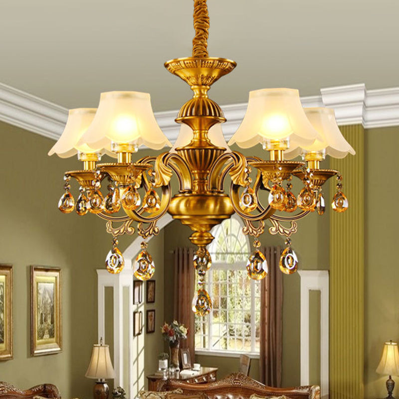 Tapered Shade Pendant Chandelier Mid Century 5-Light Faceted Crystal Finial Ceiling Hang Fixture in Brass