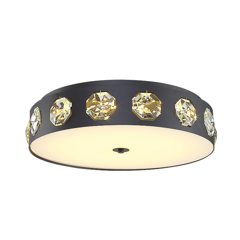 Black LED Light Fixture Ceiling Contemporary Inserted Crystal Drum Flush Mount Spotlight