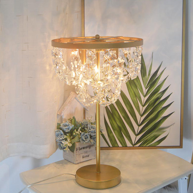 1-Bulb Faceted Glass Table Light Minimalist Gold Living Room Nightstand Lamp with Chain