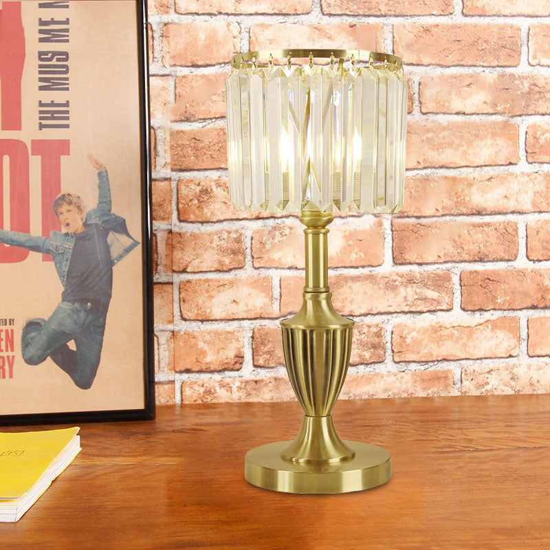 Prismatic Optical Crystal Brass Table Lamp Cylinder Shade LED Contemporary Nightstand Lamp