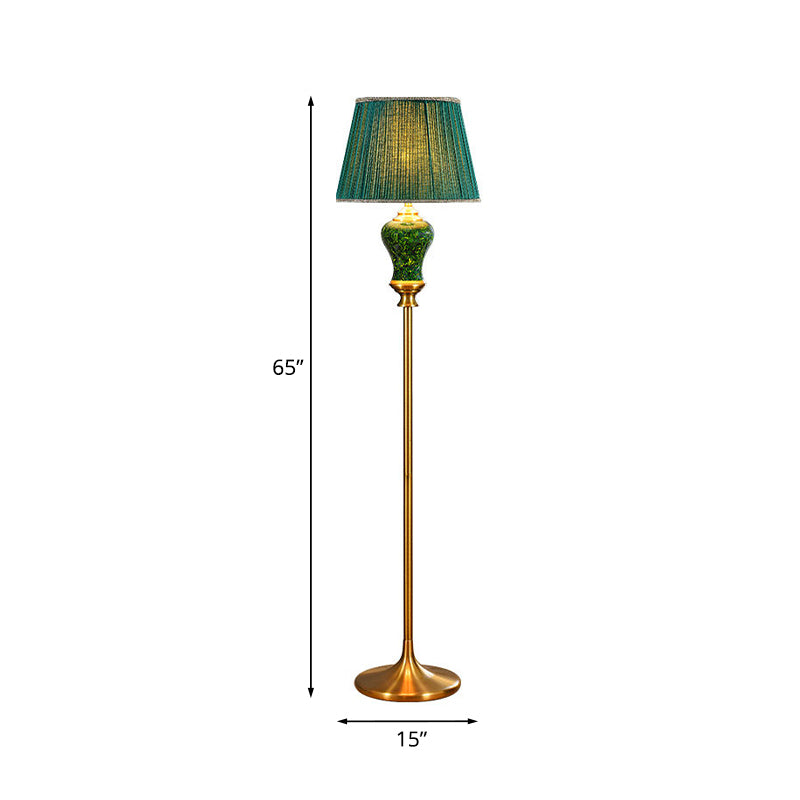 Plated Fabric Green Floor Lighting Tapered Drum 1 Bulb Country Style Stand Up Lamp with Ceramic Pot Decor