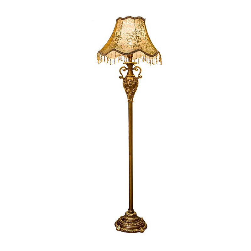 Rose Print Fabric Scalloped Floor Light Rustic 1 Bulb Living Room Floor Standing Lamp in Gold