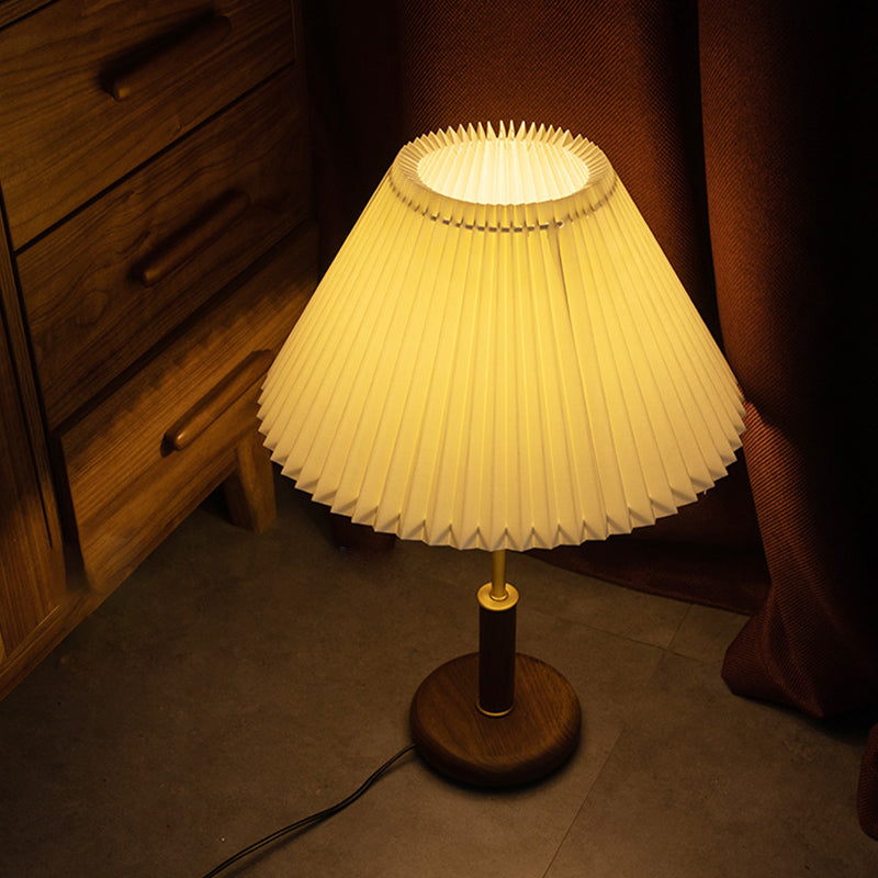 Pleated Plastic Beige Table Lamp Conical 1 Bulb Minimalistic Night Stand Light with Brown Base