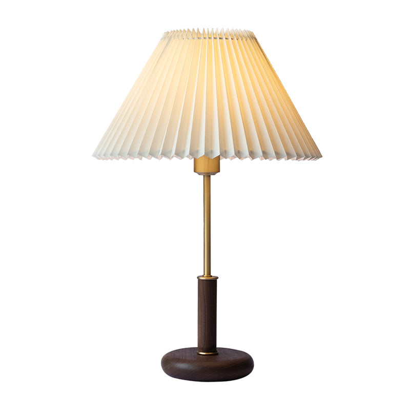 Pleated Plastic Beige Table Lamp Conical 1 Bulb Minimalistic Night Stand Light with Brown Base