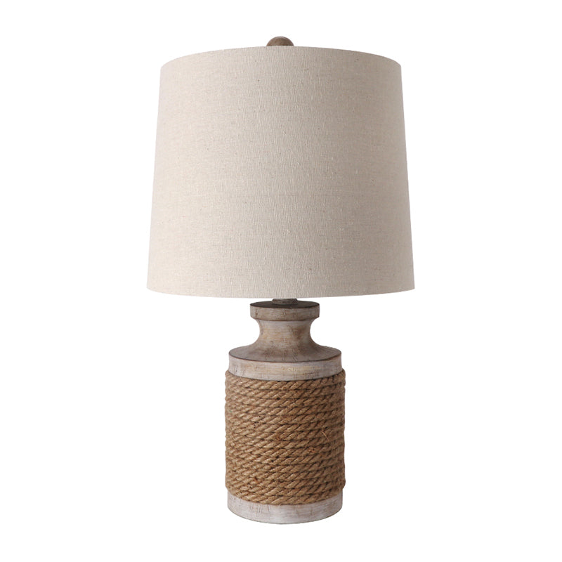 Cylindrical Living Room Table Lamp Lodge Fabric 1 Head White Night Stand Light with Roped Pot Base