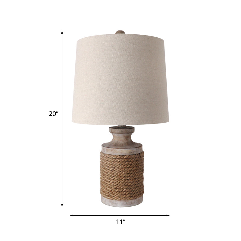 Cylindrical Living Room Table Lamp Lodge Fabric 1 Head White Night Stand Light with Roped Pot Base