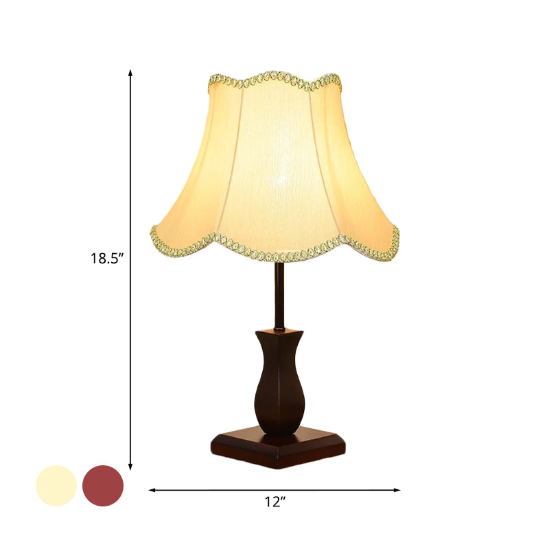 Single-Bulb Table Lighting Country Paneled Bell Scalloped Fabric Night Stand Lamp in Beige/Burgundy