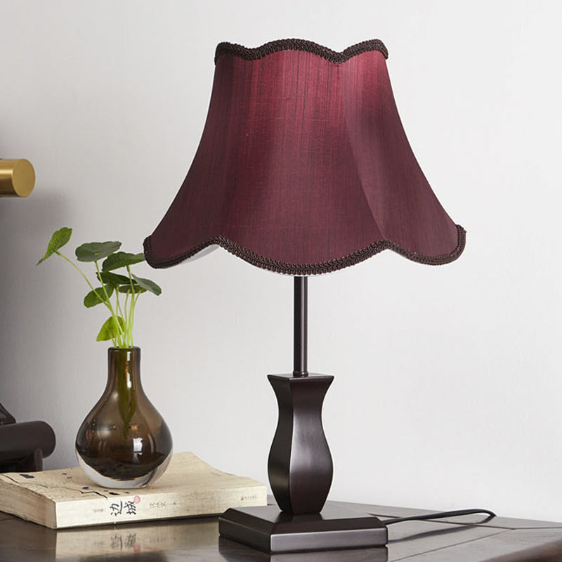 Single-Bulb Table Lighting Country Paneled Bell Scalloped Fabric Night Stand Lamp in Beige/Burgundy