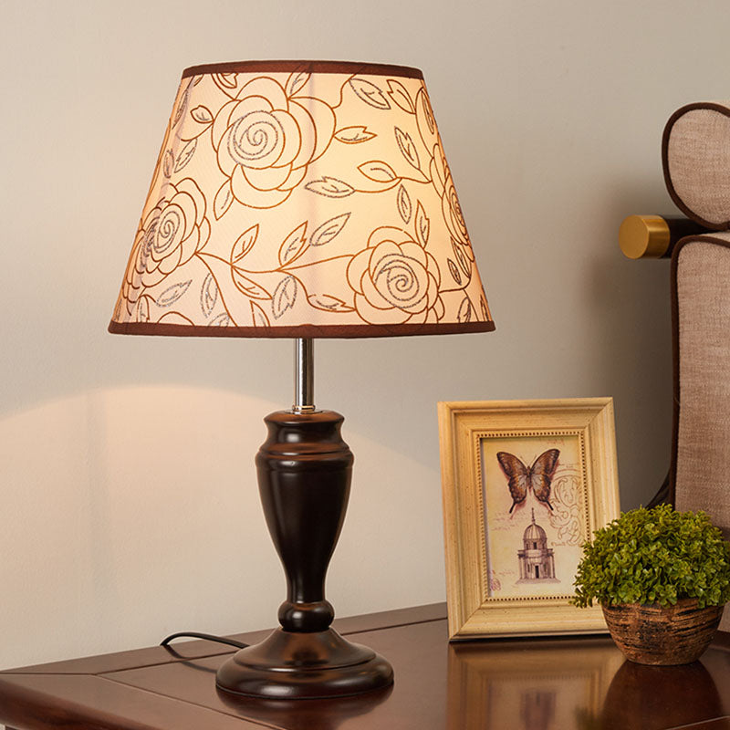 Brown 1 Head Table Light Rural Fabric Tapered Shade Nightstand Lamp with Flower/Slash/Geometric Pattern