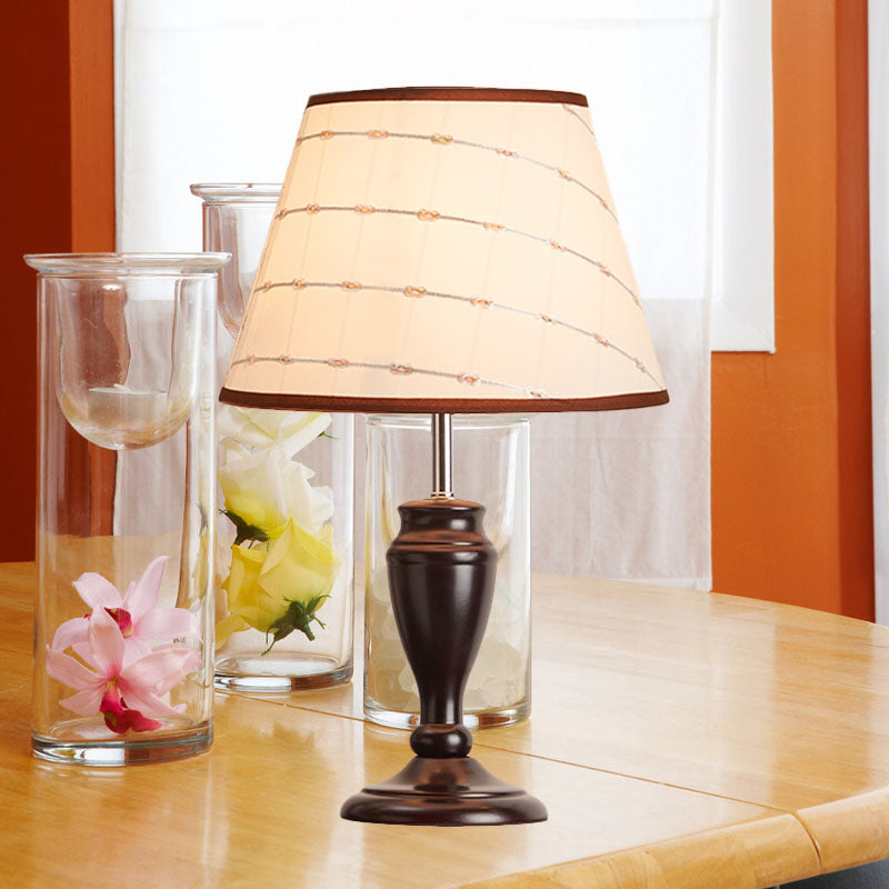 Brown 1 Head Table Light Rural Fabric Tapered Shade Nightstand Lamp with Flower/Slash/Geometric Pattern