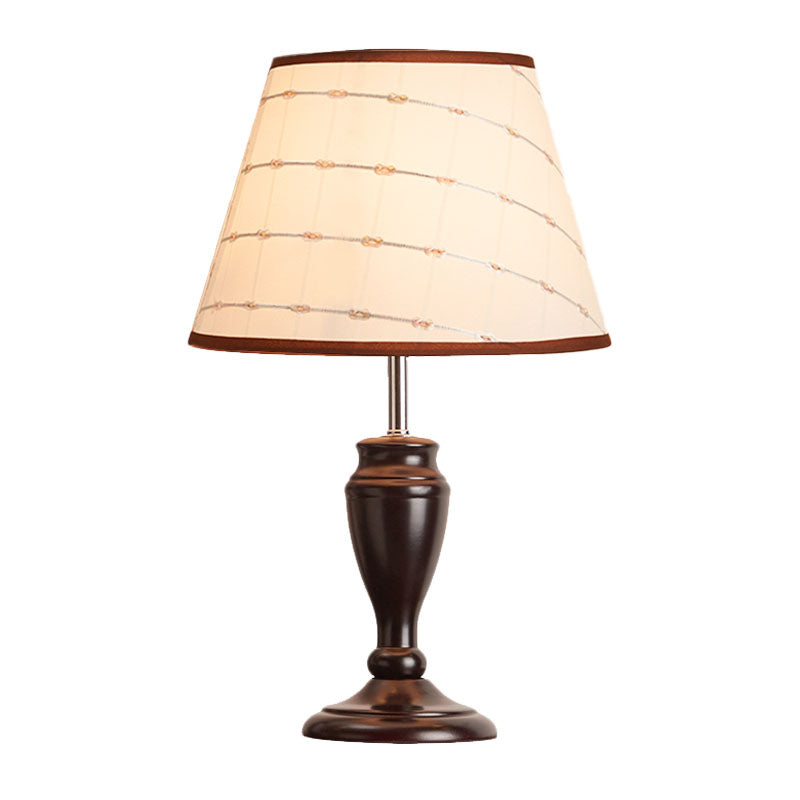 Brown 1 Head Table Light Rural Fabric Tapered Shade Nightstand Lamp with Flower/Slash/Geometric Pattern