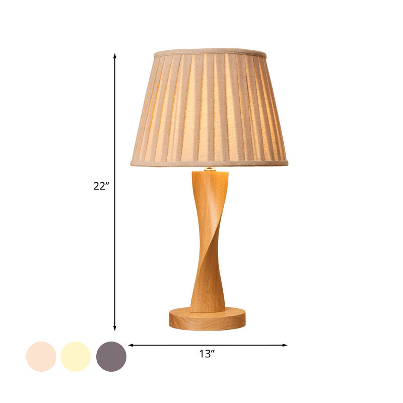 Wood Twisted Night Lamp Cottage 1 Light Living Room Table Lighting with Conic Fabric Shade in Beige/Grey/Flaxen