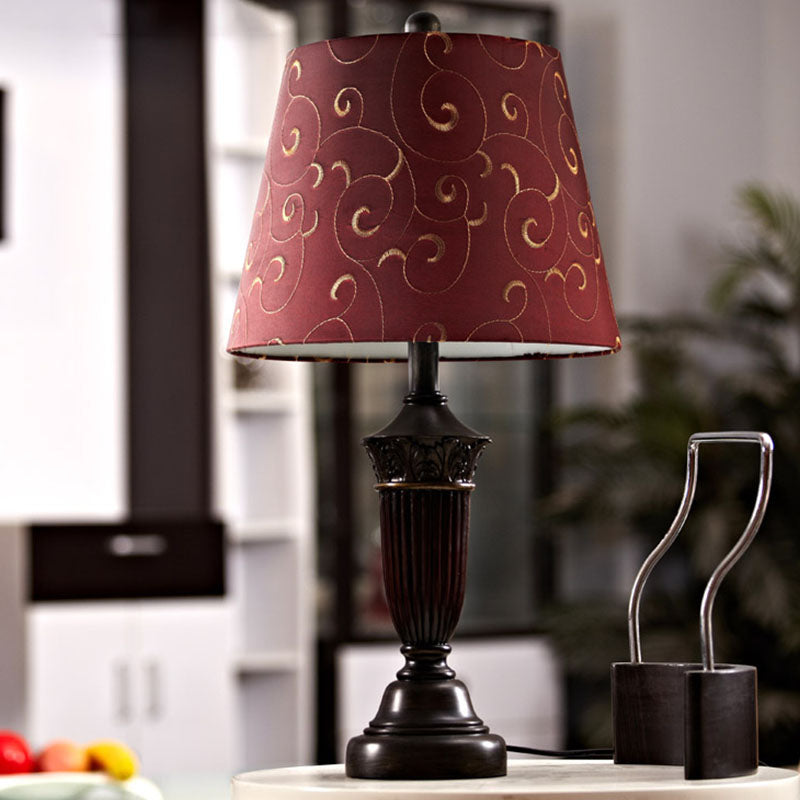 1 Head Swirl Patterned Fabric Night Lamp Rural Burgundy Tapered Living Room Table Stand Light