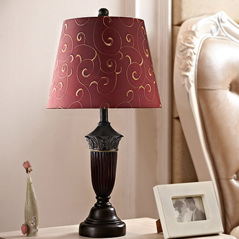 1 Head Swirl Patterned Fabric Night Lamp Rural Burgundy Tapered Living Room Table Stand Light