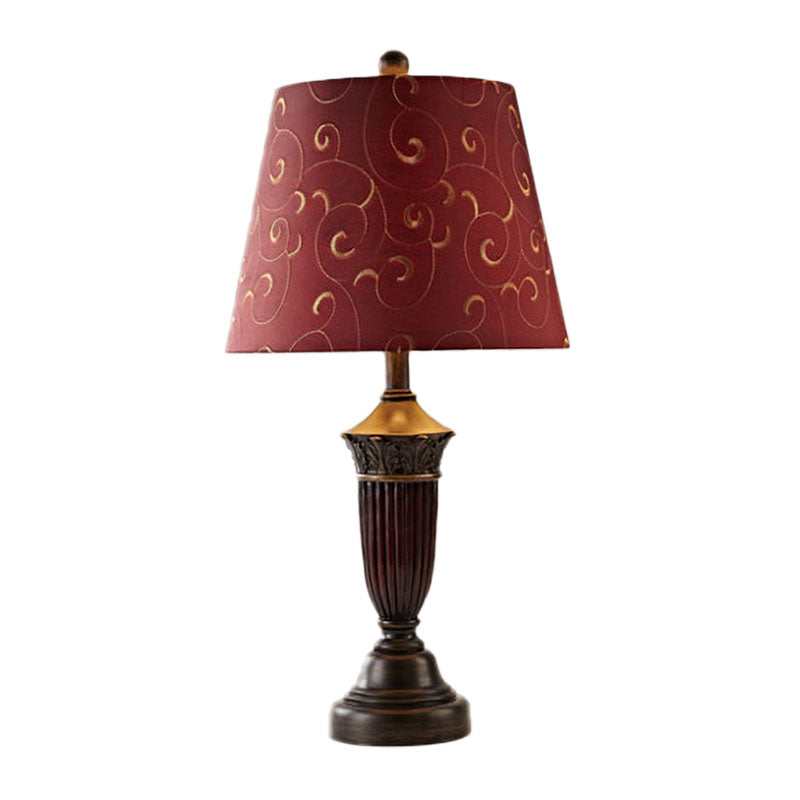 1 Head Swirl Patterned Fabric Night Lamp Rural Burgundy Tapered Living Room Table Stand Light