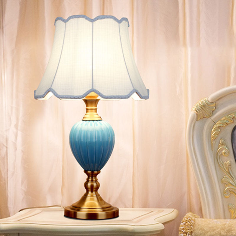 1-Light Scalloped/Tapered Night Lamp Retro Sky Blue/Light Blue Pleated/Paneled Fabric Table Lighting with Droplet Ceramic Base