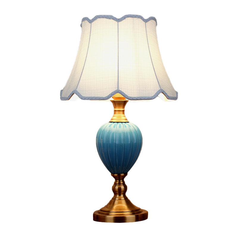 1-Light Scalloped/Tapered Night Lamp Retro Sky Blue/Light Blue Pleated/Paneled Fabric Table Lighting with Droplet Ceramic Base