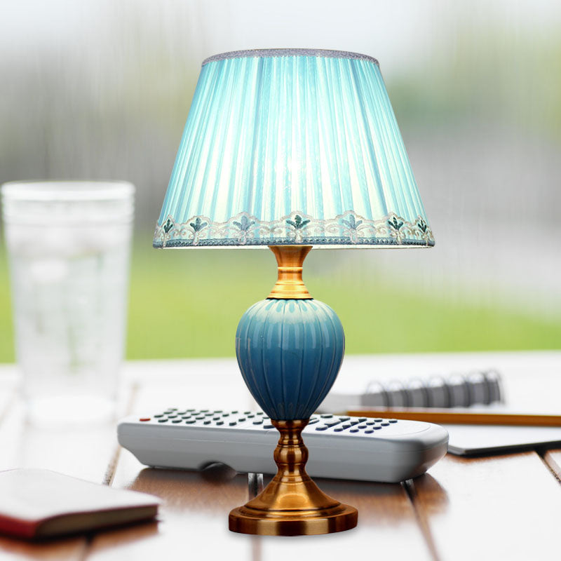 1-Light Scalloped/Tapered Night Lamp Retro Sky Blue/Light Blue Pleated/Paneled Fabric Table Lighting with Droplet Ceramic Base