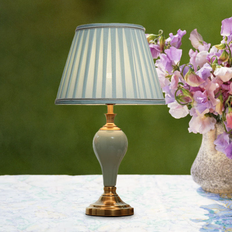 Ceramic Urn Table Lighting Vintage 1 Bulb Bedside Nightstand Light in Aqua/Beige/Silver Grey with Tapered Fabric Shade