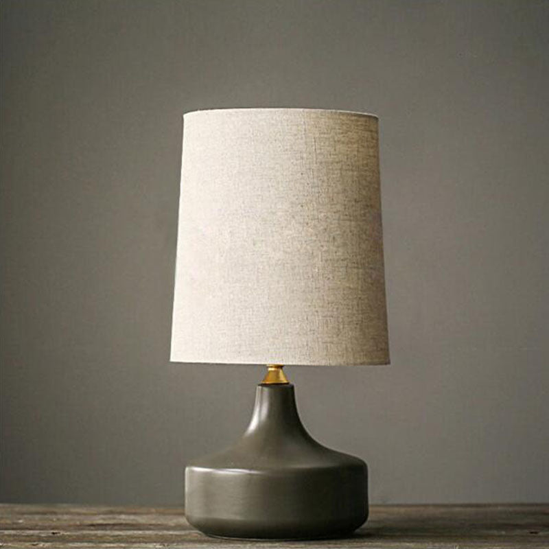 1 Bulb Night Stand Lamp Rural Living Room Table Light with Cylinder Fabric Shade in Grey/White