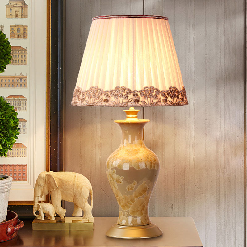 Beige Urn Night Light Rustic Ceramic 1 Head Living Room Table Lighting with Pleated Fabric Shade