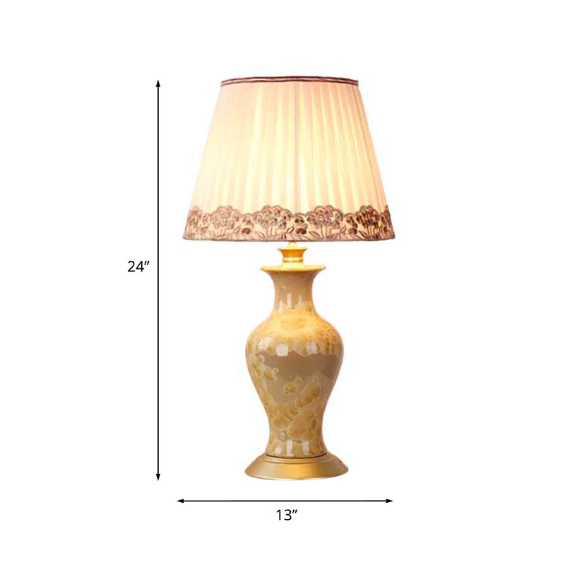 Beige Urn Night Light Rustic Ceramic 1 Head Living Room Table Lighting with Pleated Fabric Shade