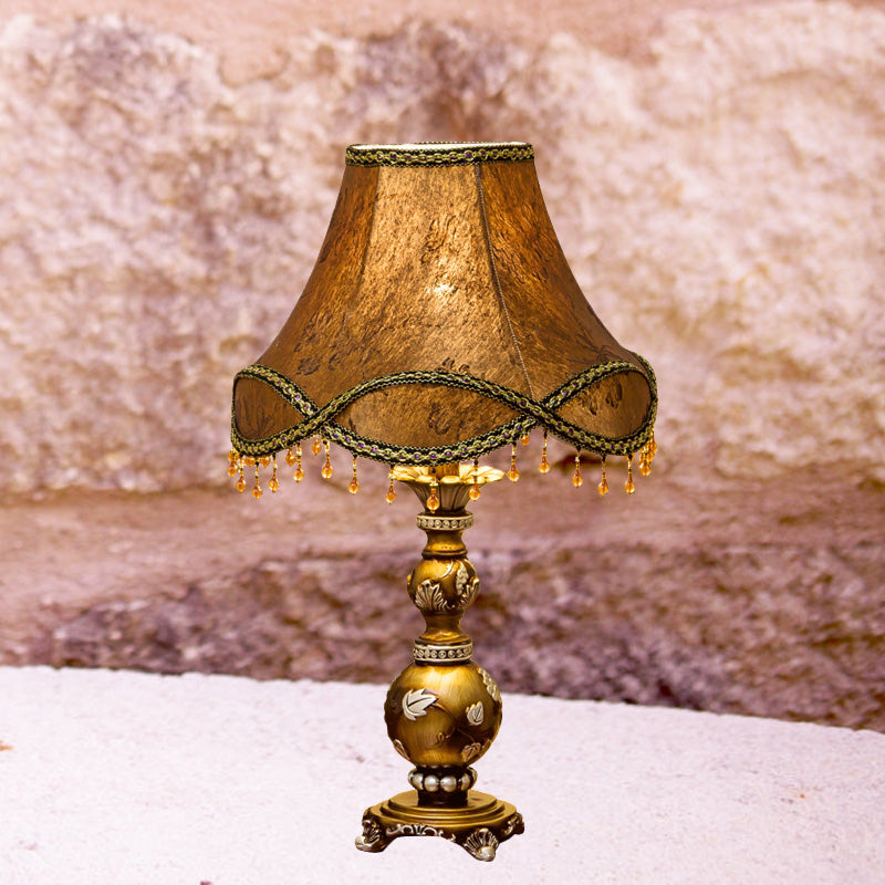 1-Light Scalloped Bell Table Lamp Traditional Brown Fabric Nightstand Light, 13"/16" Width