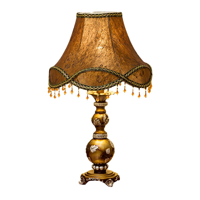 1-Light Scalloped Bell Table Lamp Traditional Brown Fabric Nightstand Light, 13"/16" Width